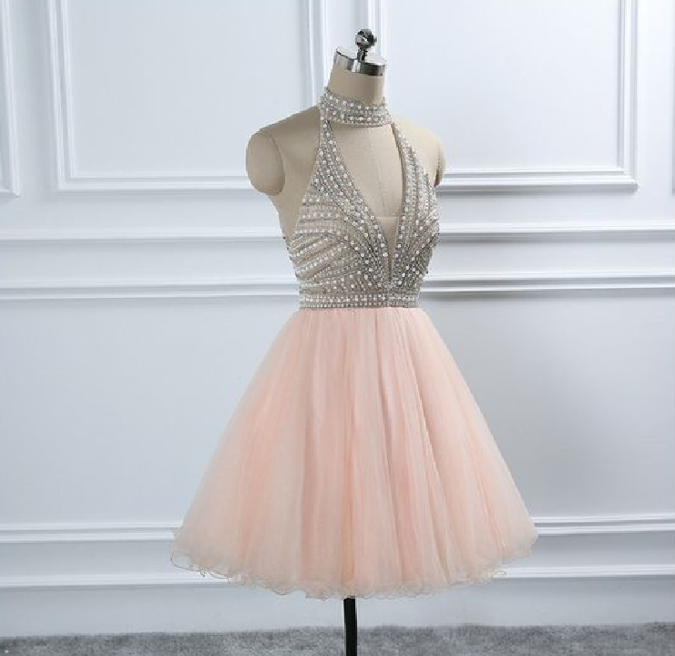 Halter Beading Homecoming Dress With Open Back, Homecoming Dress,short Graduation Dress