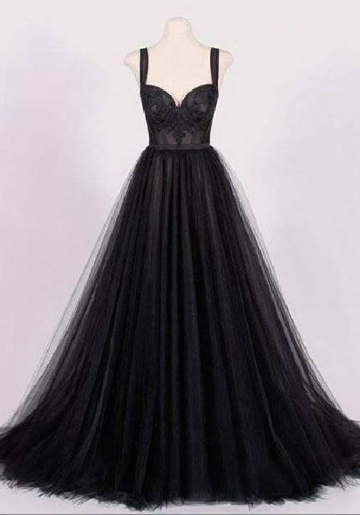 Vintage A-line Square Neck Black Tulle Evening/prom Dress With Lace Appliques