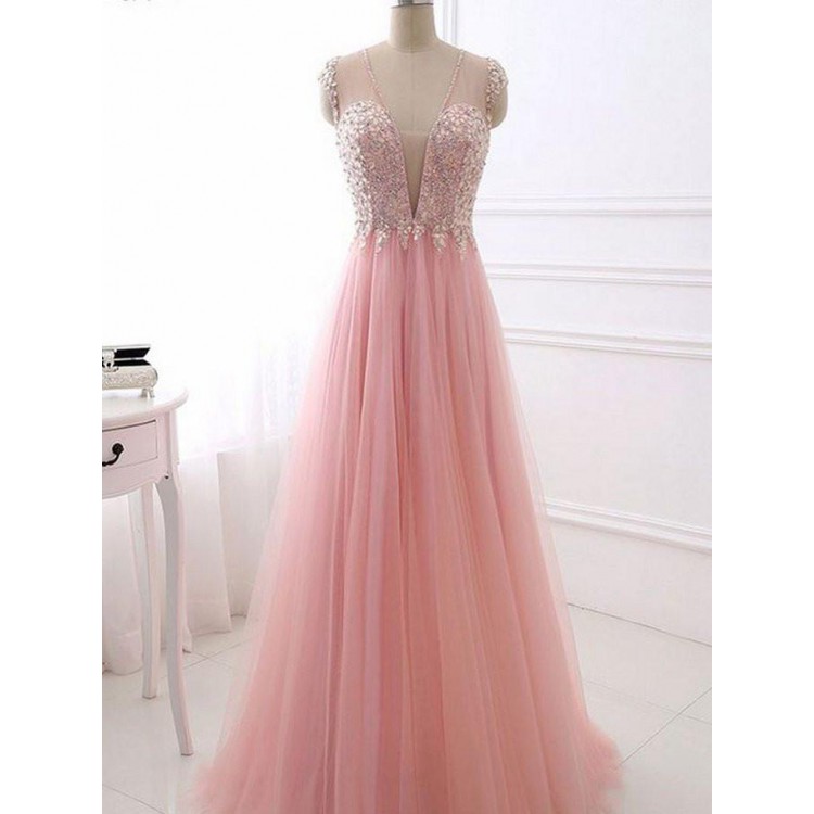 Prom Dresses A-line, Prom Dresses Long Pink Tulle Party Dress