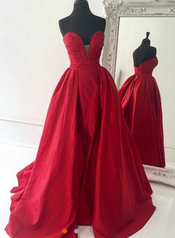 Sexy V-neck A-line Strapless Long Red Prom Dress，evening Dress，wedding Dress