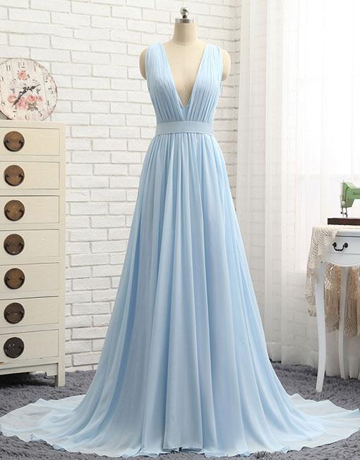 Simple Party Dress Blue Evening Dress V Neck Chiffon Long Prom Dress, Blue Evening Dress