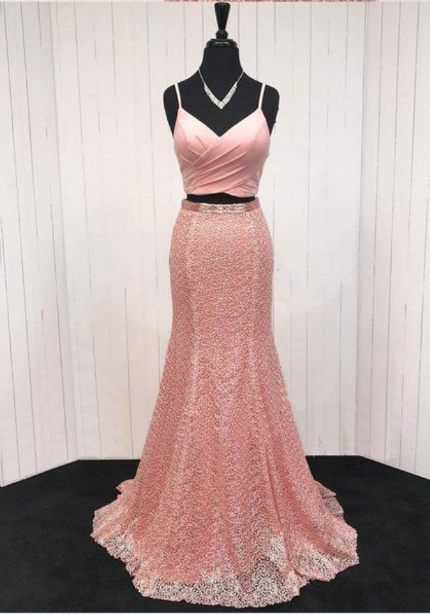 Pink Lace Evening Dress V Neck Party Dress Spaghetti Straps Two Piece Long Prom Dress Mermaid Homecoming Dress, Prom Dress