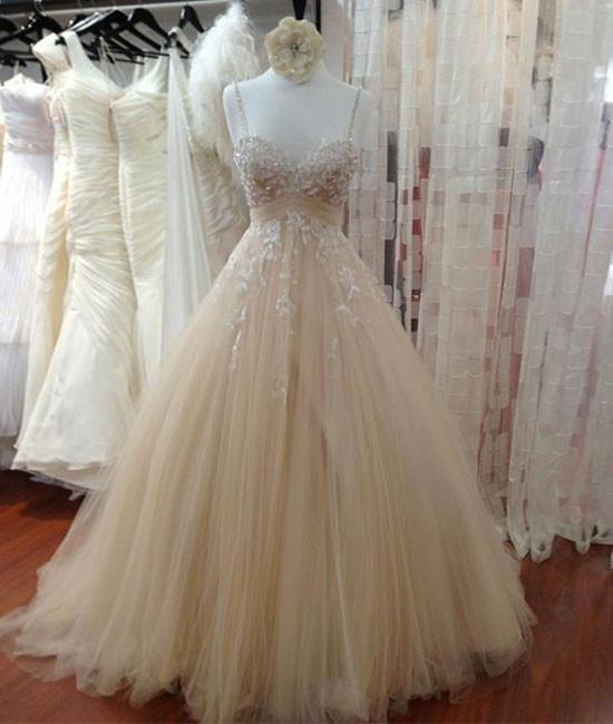 Champagne Tulle Lace Long Prom Dress, Lace Wedding Dress