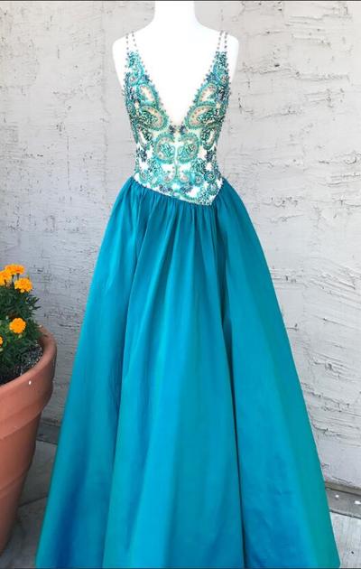 V-neck A Line Blue Beaded Long Prom Dress, Sexy Party Dress For Teens, Formal Prom Dresses