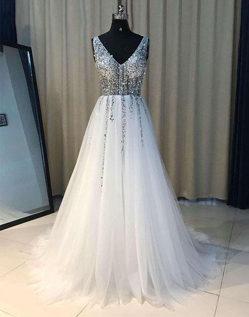 Long Evening Dress, Tulle V Neck Crystal White Prom Dress