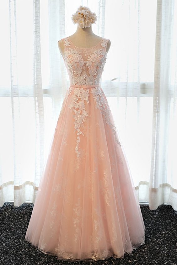 Simple Pink Lace Long Senior Prom Dress, Long Tulle Bridesmaid Dress