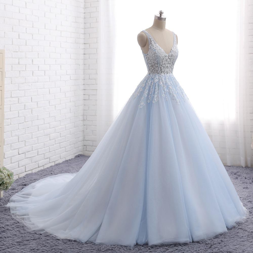 Pale Blue V Neckline A Line Tulle Lace Beaded Evening Prom Dresses, Popular Sweet 16 Party Prom Dresses, Custom Long Prom Dresses