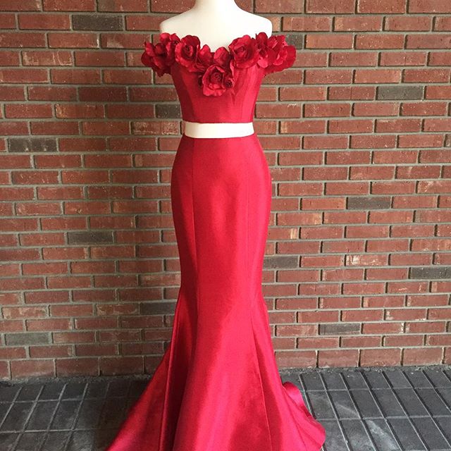 Two Piece Long Prom Dress, Off Shoulder Two Piece, Red Prom Dress Mermaid Prom Dress