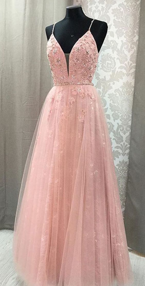 A-line Ball Gowns V Neck Evening Dress Spaghetti Party Dress Straps Open Back Formal Dress Blush Lace Long Prom Dresses