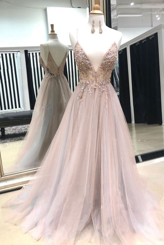 Pink Ball Gowns V Neck Evening Dress Tulle Lace Beads Long Prom Dress, Pink Evening Dress Appliques Formal Dress