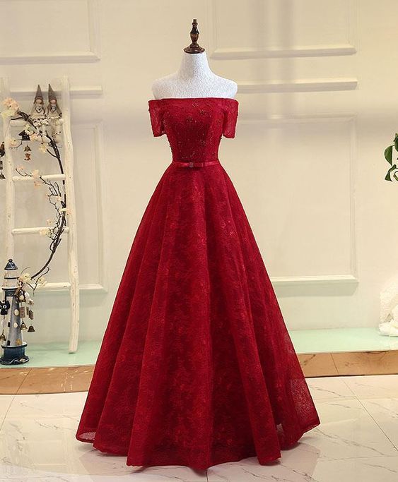 Burgundy A Line Lace Long Prom Dress, Burgundy Evening Dress,off Shoulder Red Prom Dress