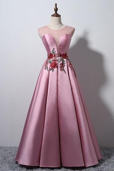 Pink Satin Scoop Neck Long A-line Halter Prom Dress With Appliques,formal Party Dress