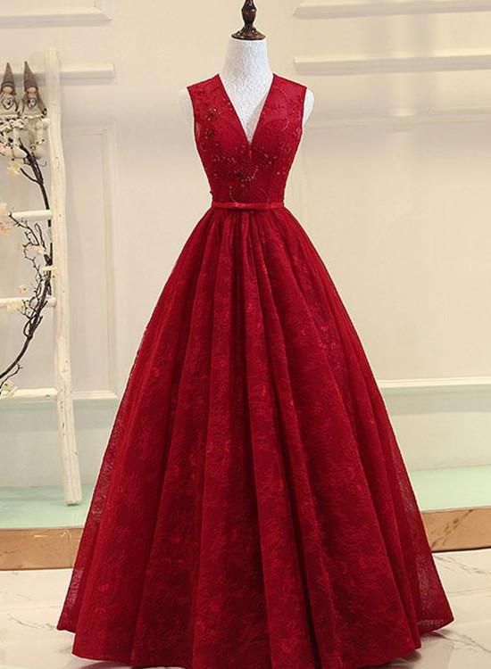 Dark Red Lace Long Formal Gown, V-neckline Party Dress, Prom Dresses
