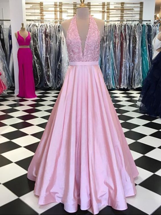 Charming A Line V Neck Open Back Satin Dark Pink Lace Long Prom Dresses With Appliques, Elegant Evening Dresses