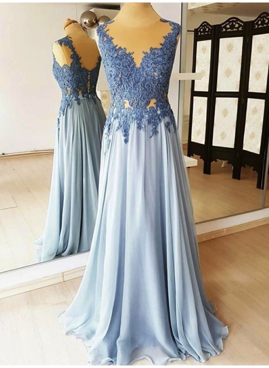Blue Sexy Appliques Prom Dress,appliques Party Dress Straps Long Prom Gown, V-neck Long Evening Dress, Backless Formal Dresses