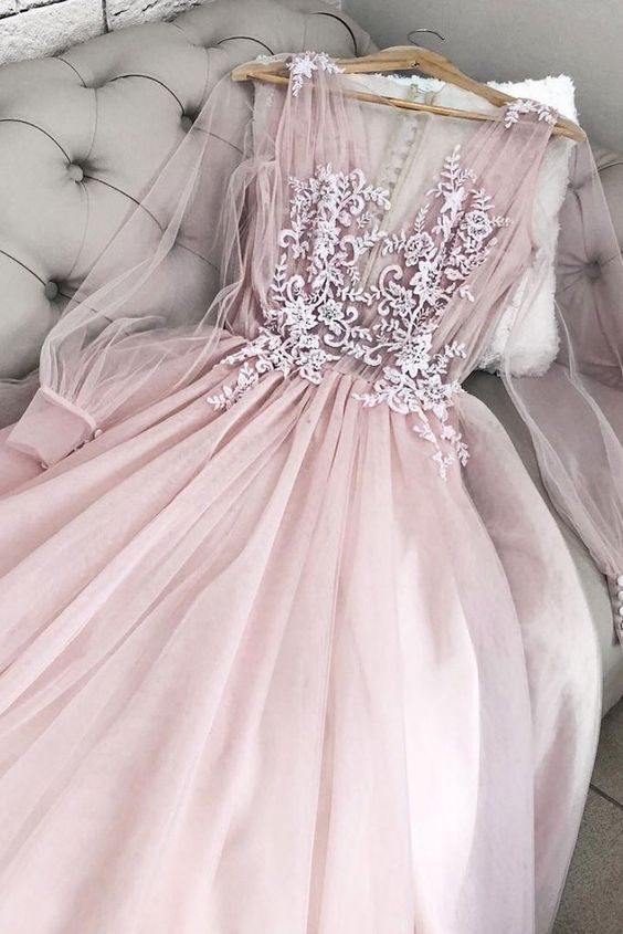 Pink Party Dress V Neck Tulle Long Prom Dress, Long Sleeves Evening Dress Applique Formal Dress