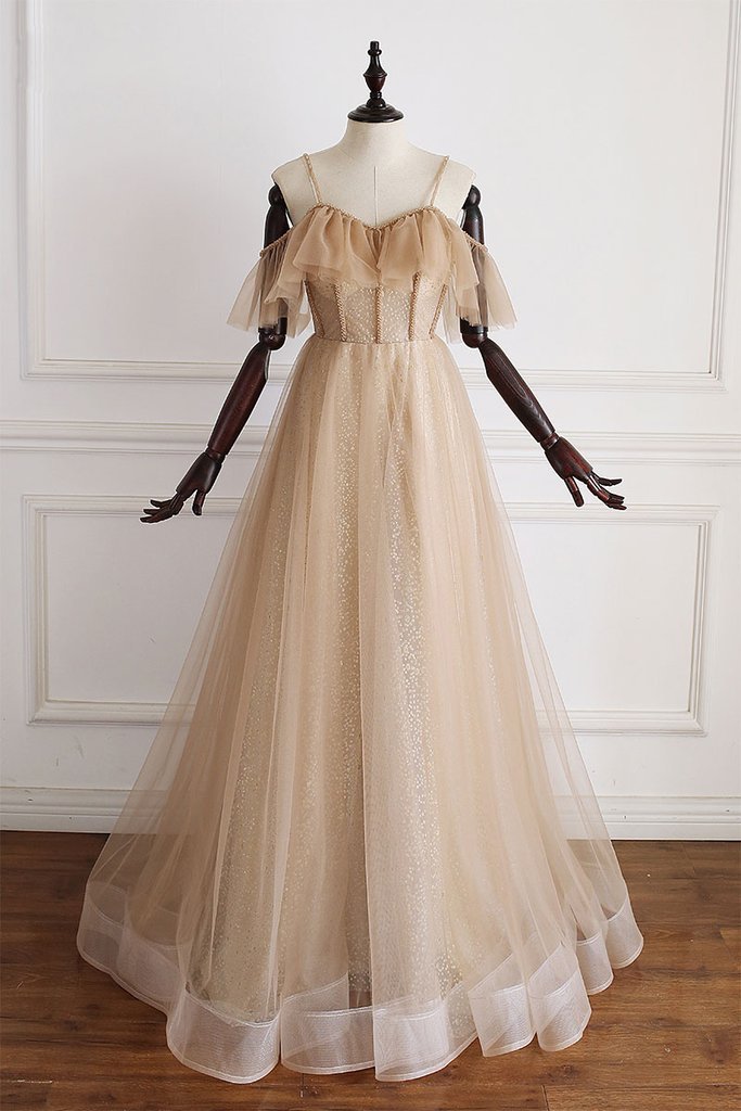 Sexy Strapless Dress, Brown Collar Ruffled Party Dress, Tulle Floor Length Dress