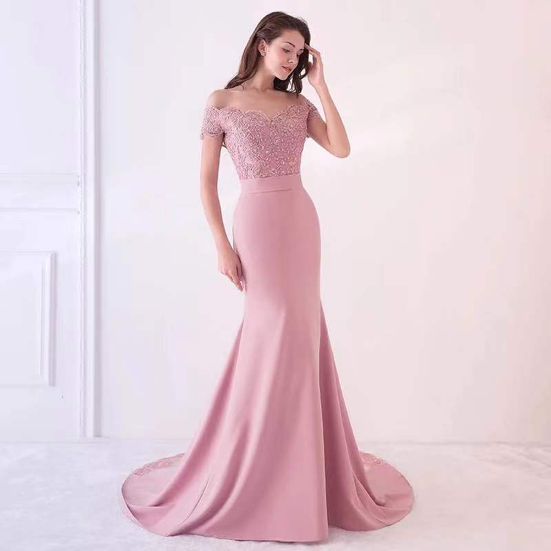 Pink Party Dress Off Shoulder Evening Dress Mermaid Long Prom Dress Lace Applique Formal Dress
