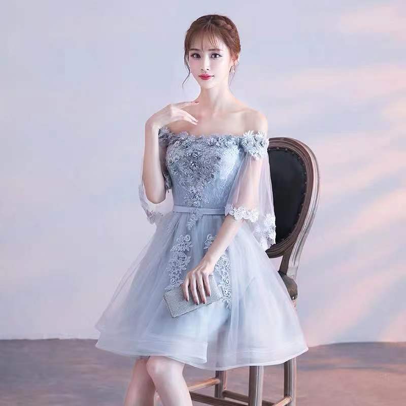 Gray Party Dress Off Shoulder Evening Dress Short Sleeve Prom Dress Tulle Homecoming Dress Lace Applique Formal Dress
