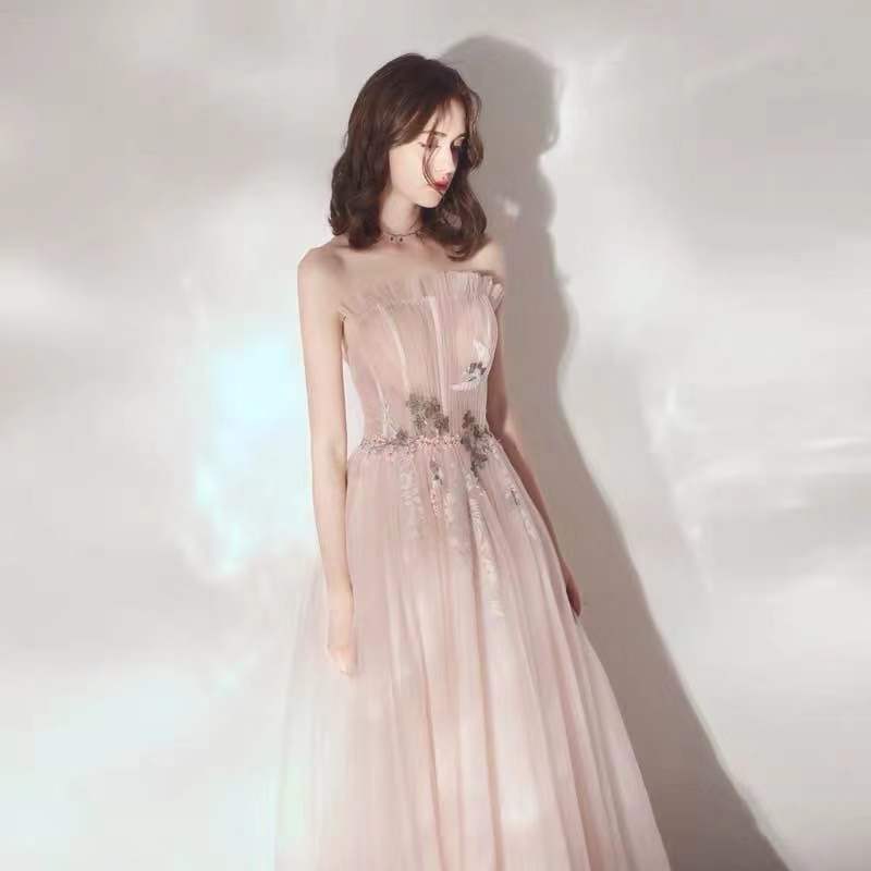 Light Pink Party Dress Strapless Evening Dress Tulle Applique Prom Dress Backless Formal Dress