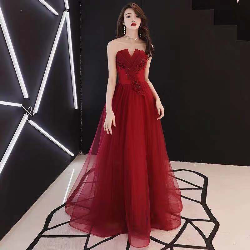 Red party dress strapless evening dress backless long prom dress tulle applique formal dress