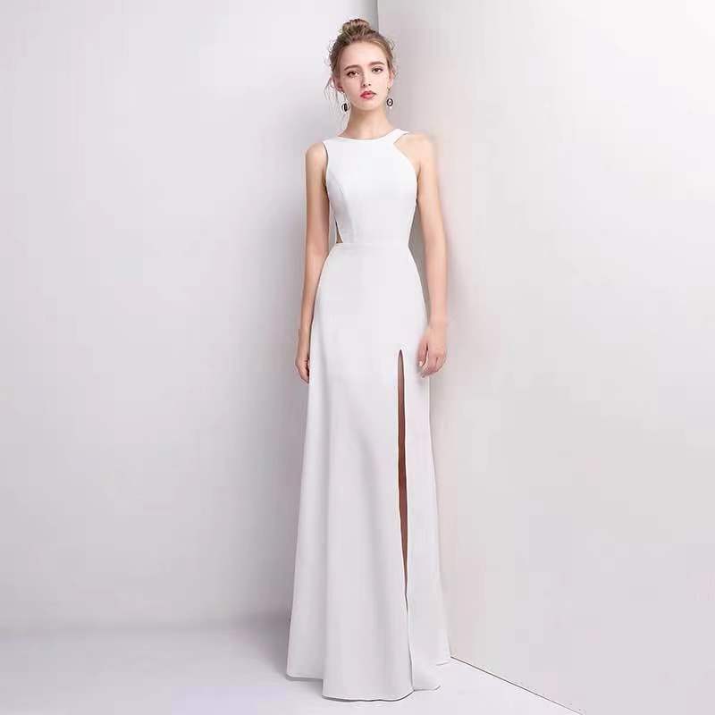 White Party Dress Halter Neck Evening Dress High Split Prom Dress Sleeveless Formal Dress