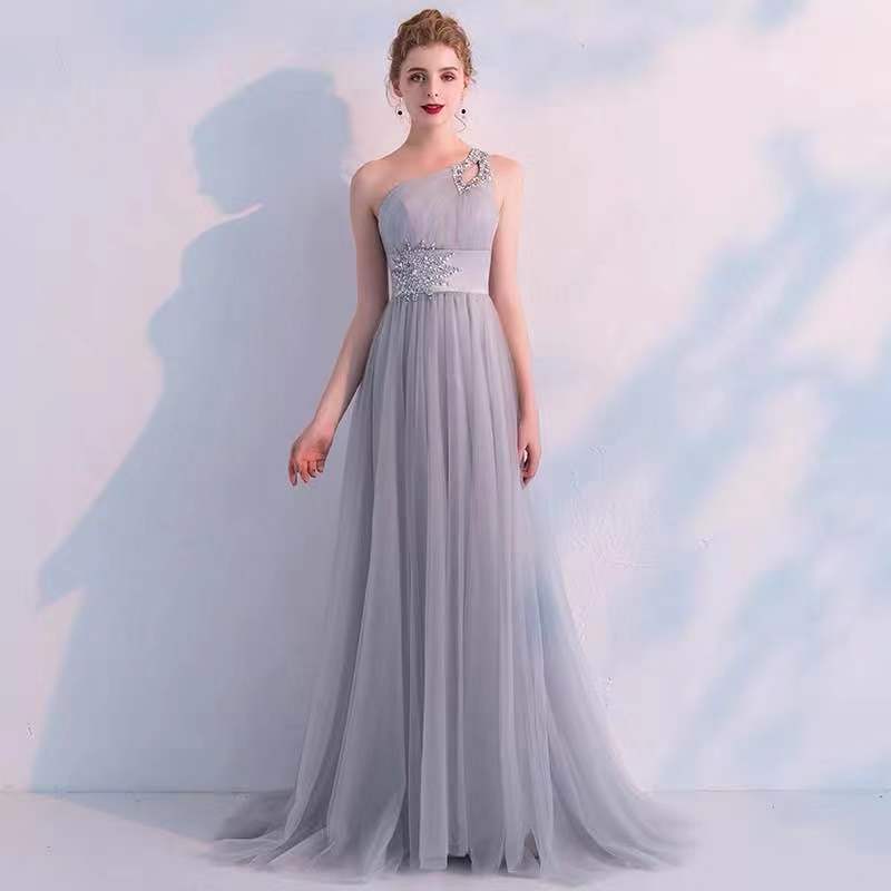 Gray Party Dress One Shoulder Evening Dress Tulle Beads Prom Dress Backless Formal Dress on Luulla