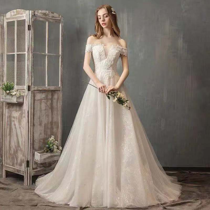 Ivory Tint Wedding Dress Off Shoulder Wedding Dress Tulle Long Wedding Dress Lace Applique Wedding Dress