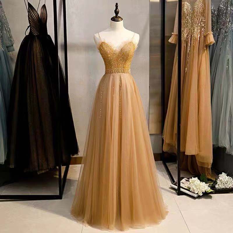 Yellow Party Dress Spaghetti Straps Evening Dress V Neck Prom Dress Backless Formal Dress Tulle Beading Floor Length Dress