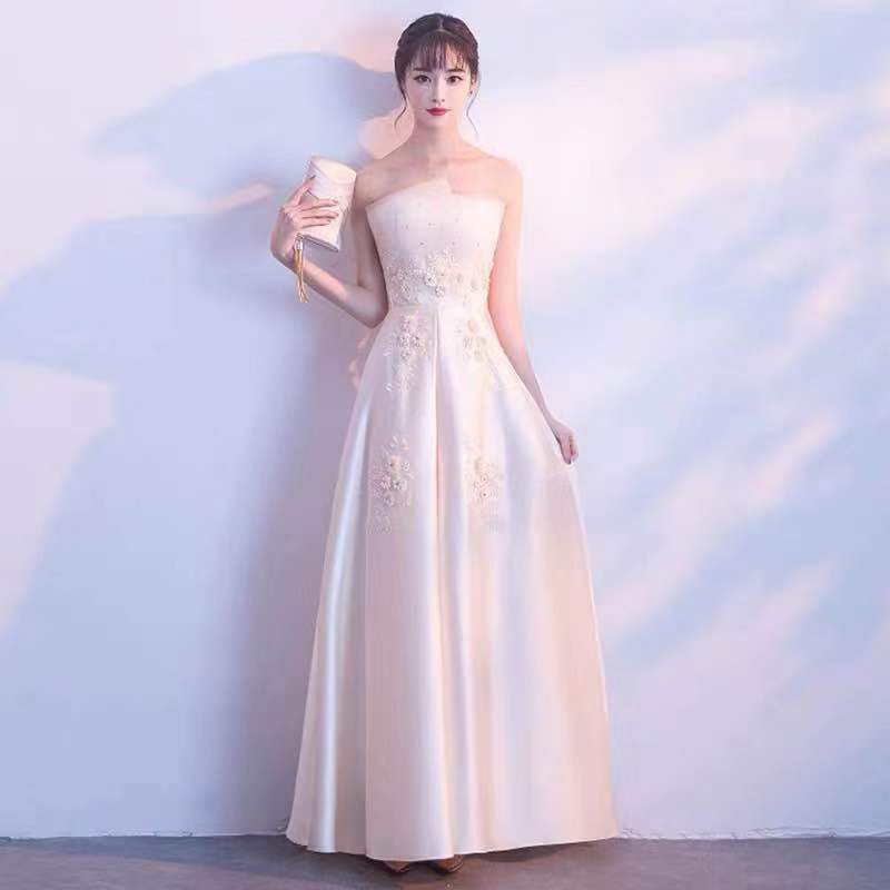 Champagne Party Dress Strapless Evening Dress Satin Applique Prom Dress Backless Long Formal Dress