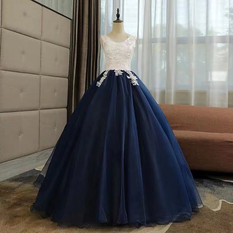 Blue party dress round neck evening dress tulle ball gown dress lace applique formal dress