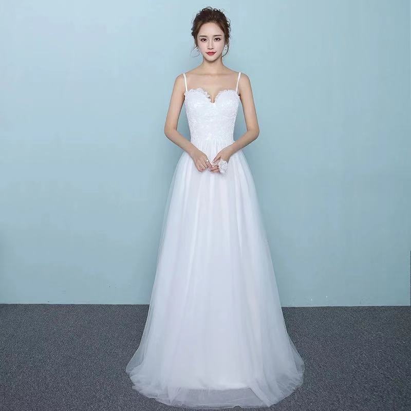 White Wedding Dress Spaghetti Straps Wedding Dress Tulle Long Wedding Dress Lace Applique Wedding Dress