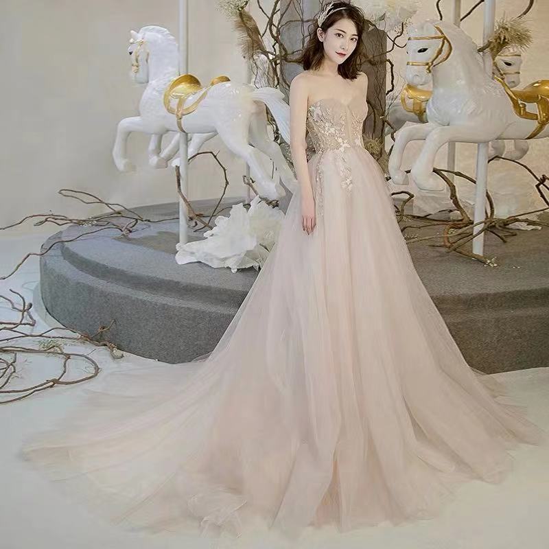 Champagne Party Dress Strapless Evening Dress Tulle Long Prom Dress Lace Applique Formal Dress Backless Floor Length Dress
