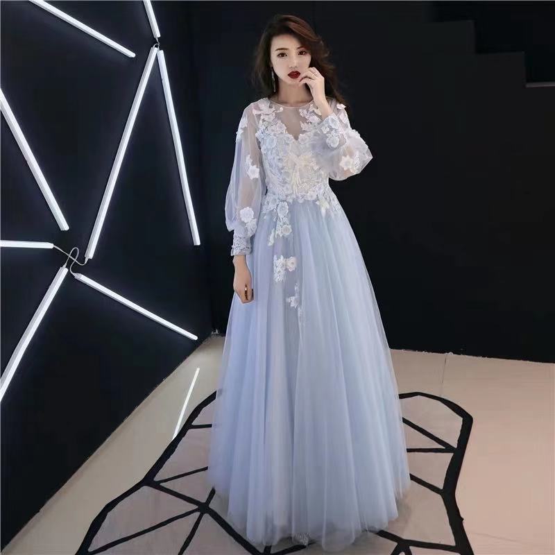 Light Blue Party Dress Long Sleeve Evening Dress Round Neck Prom Dress Tulle Formal Dress Lace Applique Party Dress