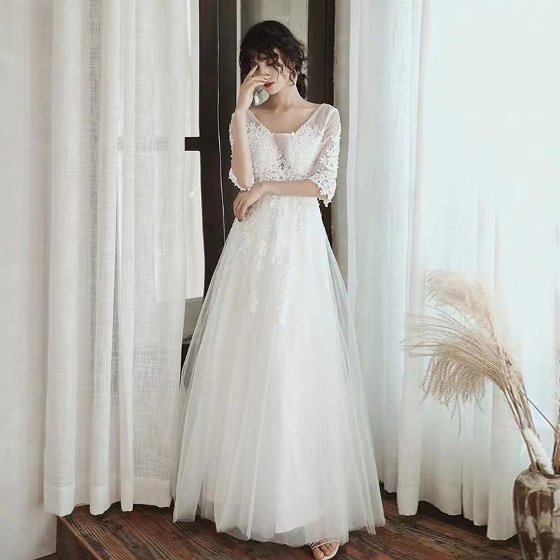 White Party Dress Half Sleeve Evening Dress Tulle Long Prom Dress Lace Applique Formal Dress Backless Prom Dress