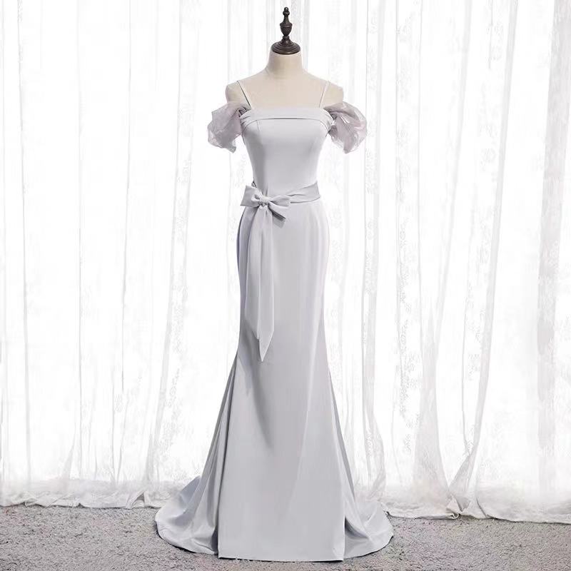 Silver Gray Party Dress Spaghetti Straps Evening Dress Mermaid Long Prom Dress Backless Formal Dress