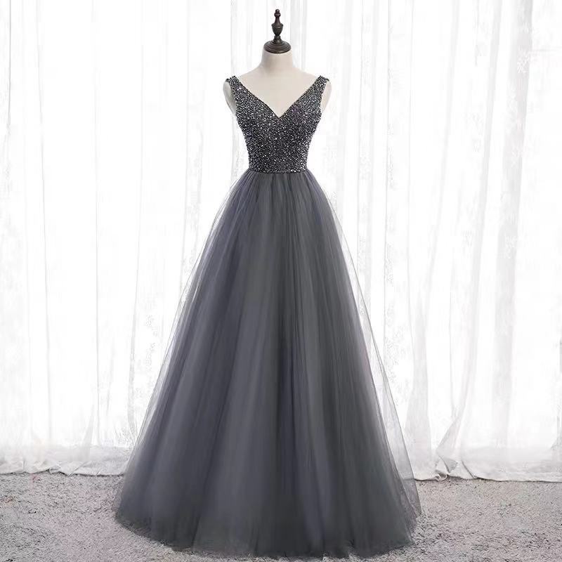 Dark Grey Party Dress V Neck Evening Dress Tulle Beading Formal Dress Backless Long Prom Dress