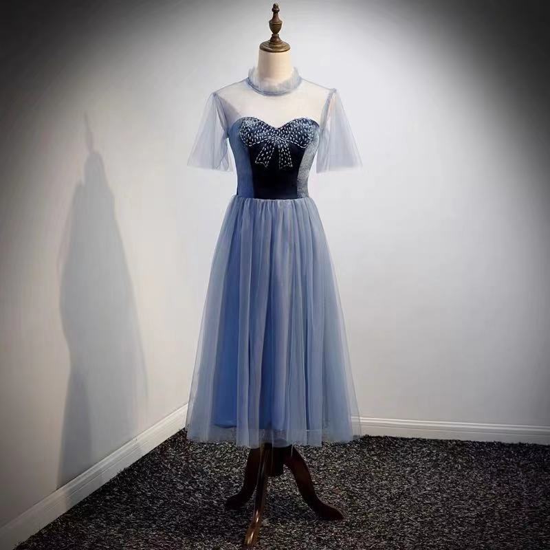 Blue Party Dress High Neck Evening Dress Short Sleeve Prom Dress Tulle Beading Formal Dress