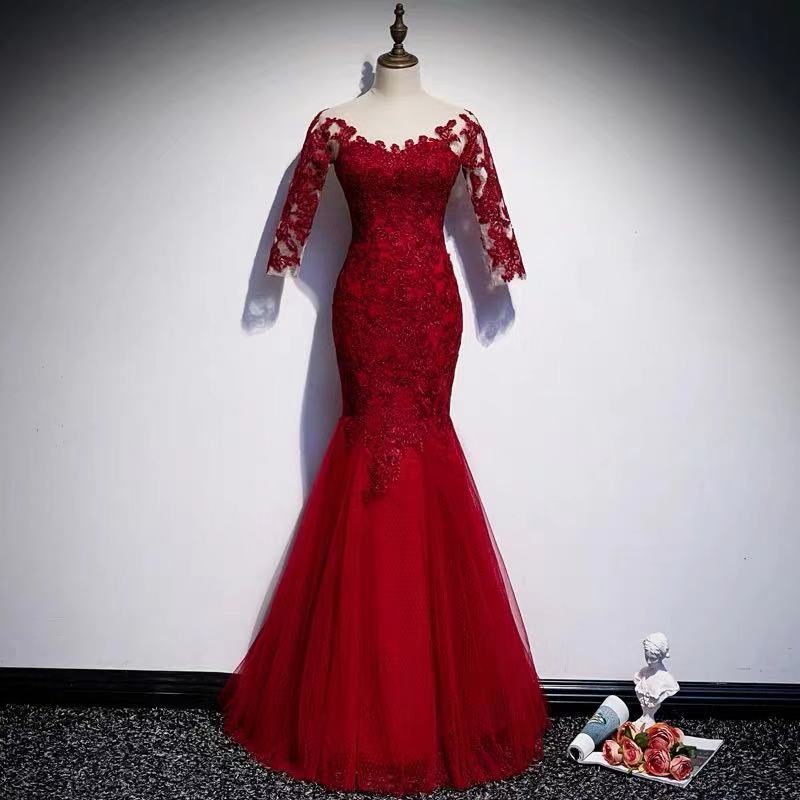 Red Party Dress Mermaid Long Prom Dress Lace Applique Formal Dress Tulle Evening Dress