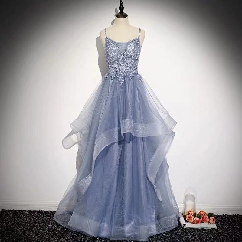 Blue Party Dress Spaghetti Straps Evening Dress Backless Long Prom Dress Tulle Applique Formal Dress