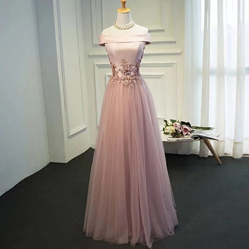 Pink Party Dress Off Shoulder Evening Dress Satin Long Prom Dress Tulle Applique Formal Dress