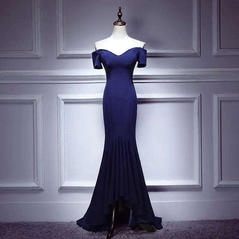 Navy Blue Party Dress V Neck Evening Dress Off Shoulder Prom Dress Mermaid Long Formal Dress Backless Evening Dress