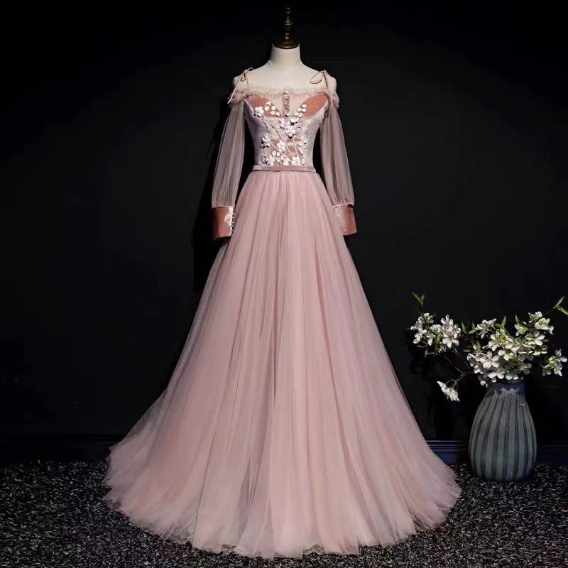 Pink party dress long sleeve evening dress tulle applique prom dress backless formal dress