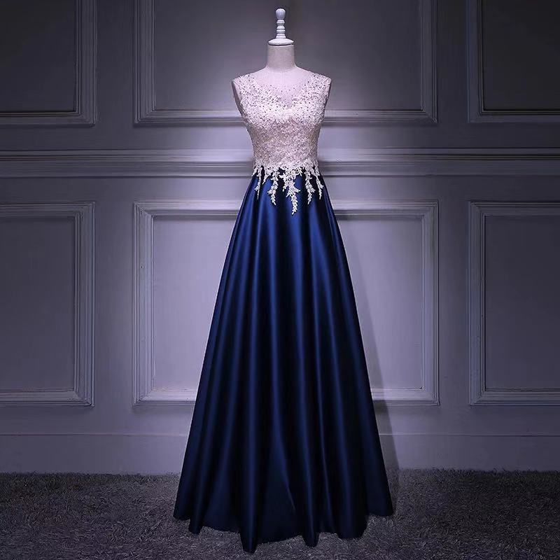 Blue Party Dress Satin Long Prom Dress Lace Applique Evening Dress Round Neck Formal Dress