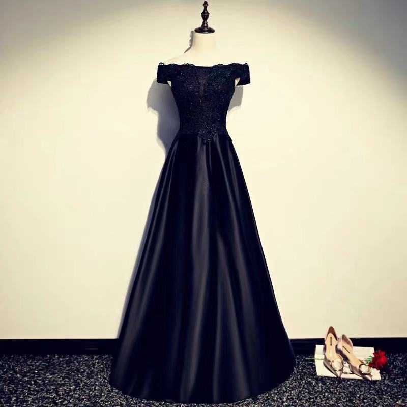 Black Party Dress Off Shoulder Evening Dress Lace Applique Prom Dress Satin Long Formal Dress