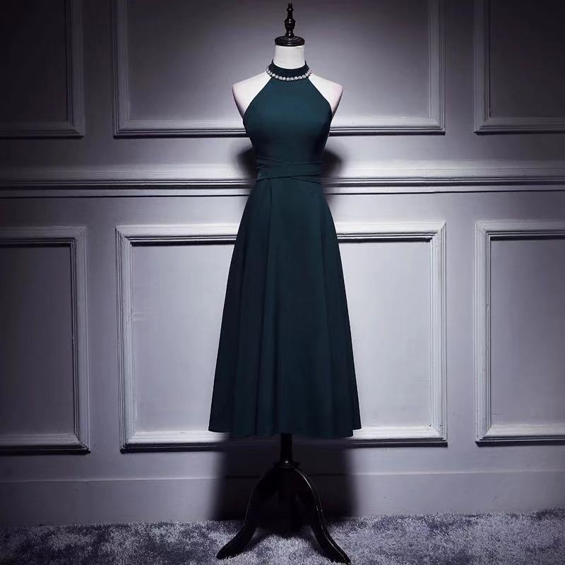 Bottle Green Party Dress Halter Neck Evening Dress Sleeveless Prom Dress Unique Design Formal Dress