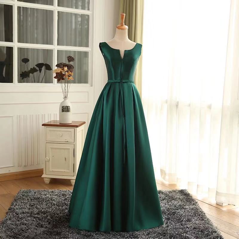 Green Party Dress Sleeveless Evening Dress Satin Long Prom Dress V Neck Formal Dress