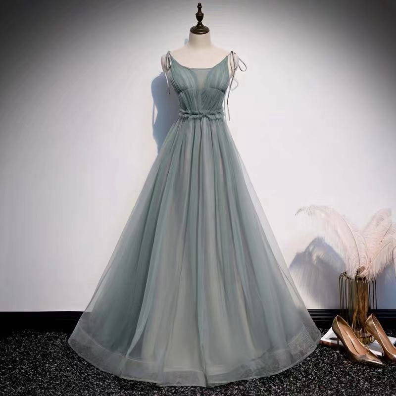 Light Green Party Dress Spaghetti Straps Evening Dress Backless Long Prom Dress Tulle Formal Dress