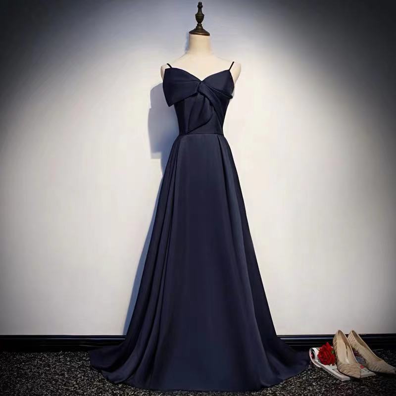 Navy Blue Party Dress Spaghetti Straps Evening Dress Backless Long Prom Dress Floor Length Formal Dress