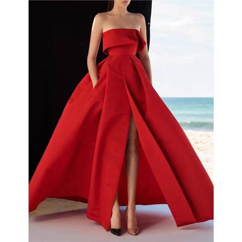 Red Party Dress Strapless Evening Dress High Split Prom Dress Satin Long Formal Dress Backless Evening Dress
